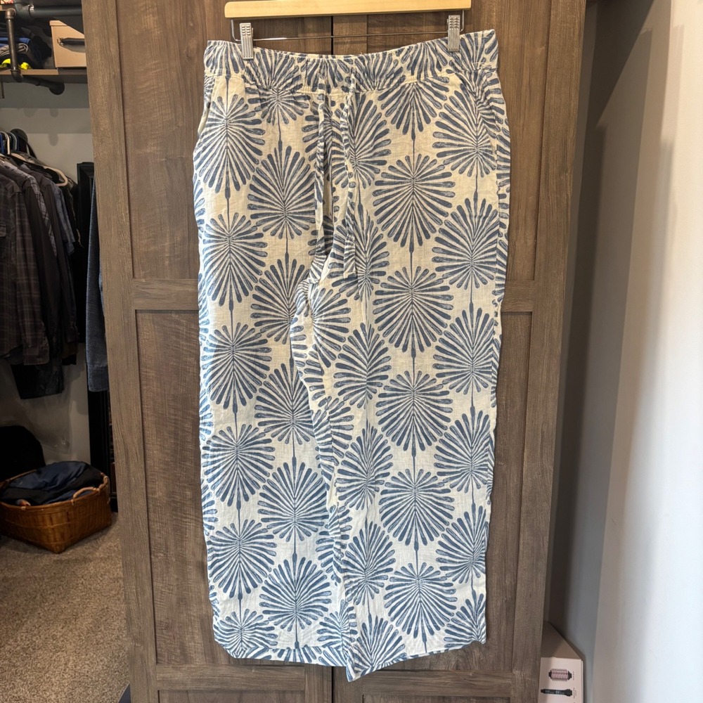 Joie Linen Wide Leg Pants XL Blue White Palm Print Drawstring Tropical Resort